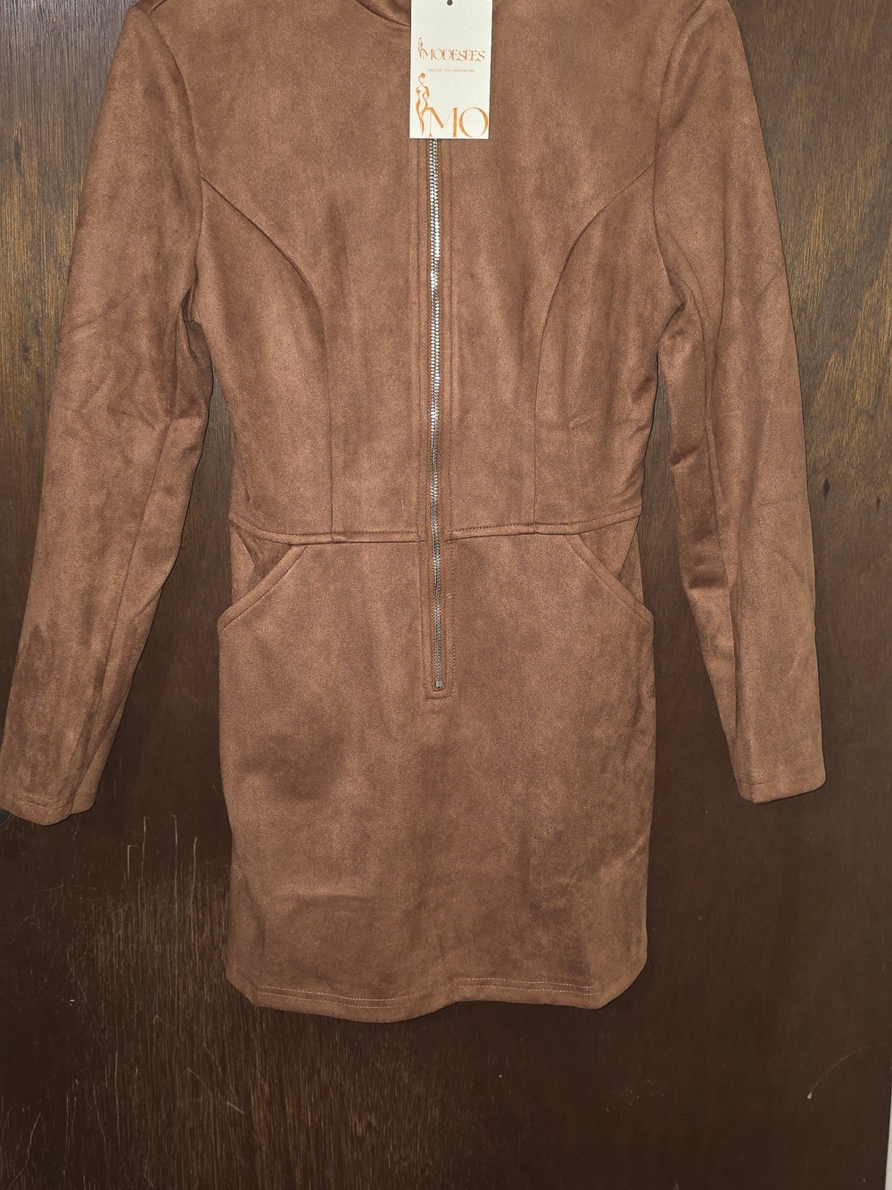 Suede-Look Zipper Mini Dress in Brown